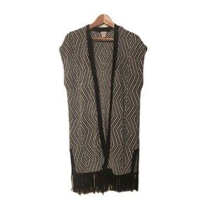CHICO’S Cardigan Sweater Vest Women Size 1 Black Long Open Duster With Fringe